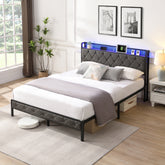 Full Bed Frame with Storage, Charging Station & LED Lights, Gray
